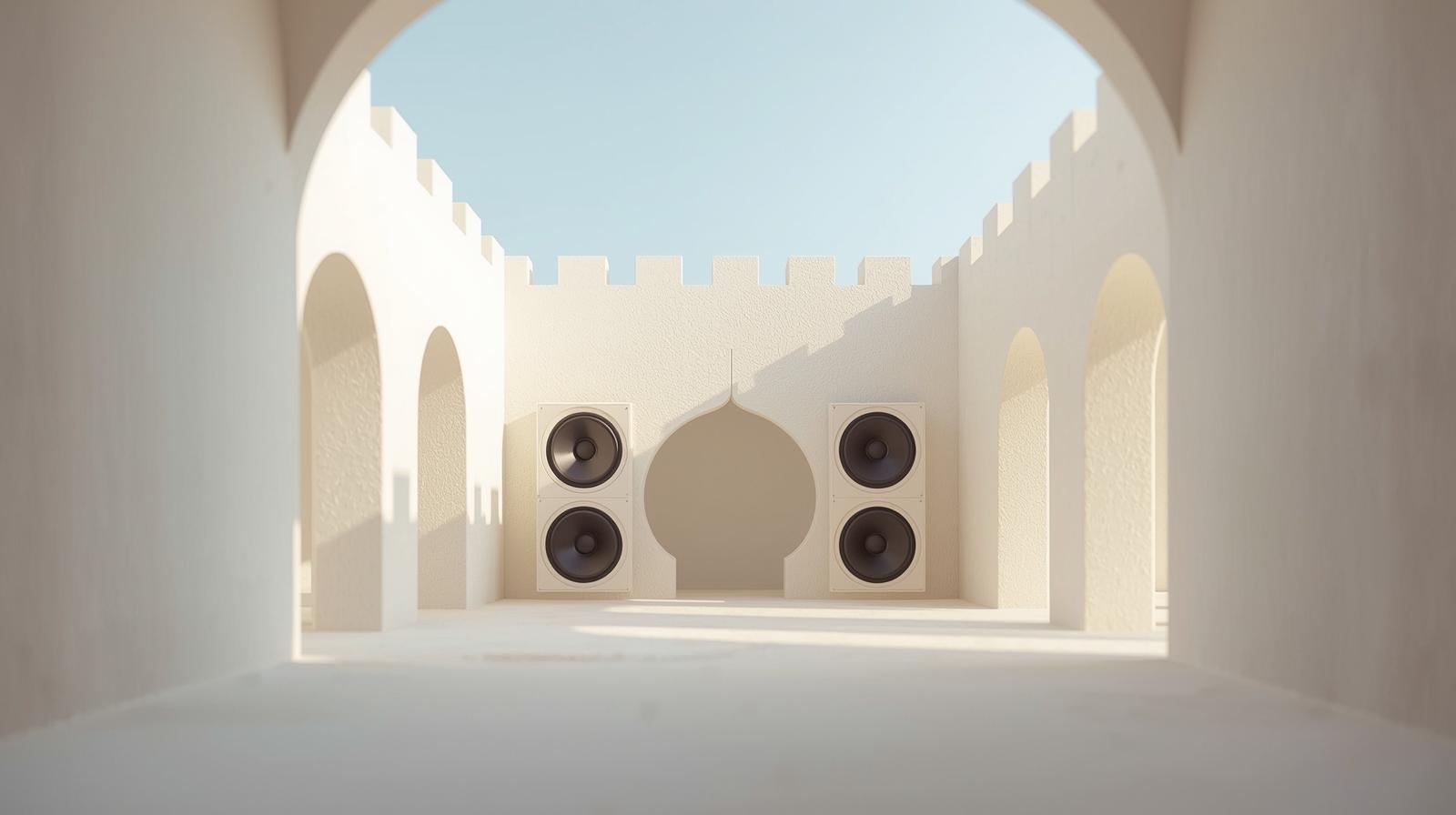 A minimalist and clean photograph captures a deconstructed castle bathed in daytime light, featuring a deejay booth with prominent, large, round speakers. The composition is simple and serene, emph